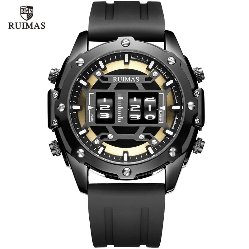 RN553G-Black RUIMAS барабанный ролик часы Мужские лучший бренд класса люкс кварцевые цифровые наручные часы мужские Relogio Masculino новые военные часы мужские 553 - Цвет: RN553G-Black