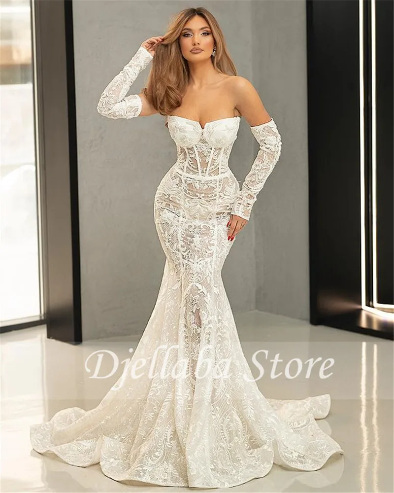 

Middle East Mermaid Wedding Dresses Sweetheart Plus Size Long Sleeves Lace Applique Arabic Wedding Gowns