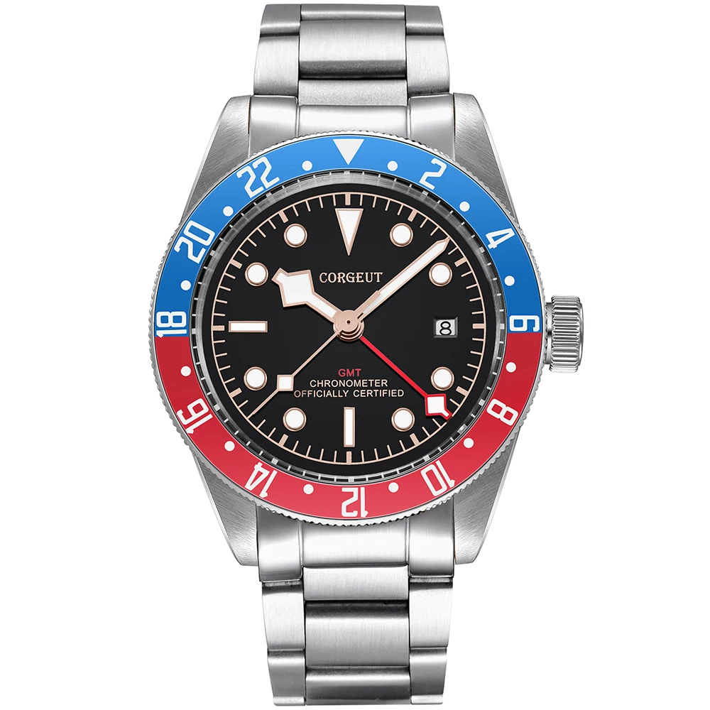 Corgeut дизайнерского бренда класса люкс Для мужчин часы lume Шварц Bay GMT