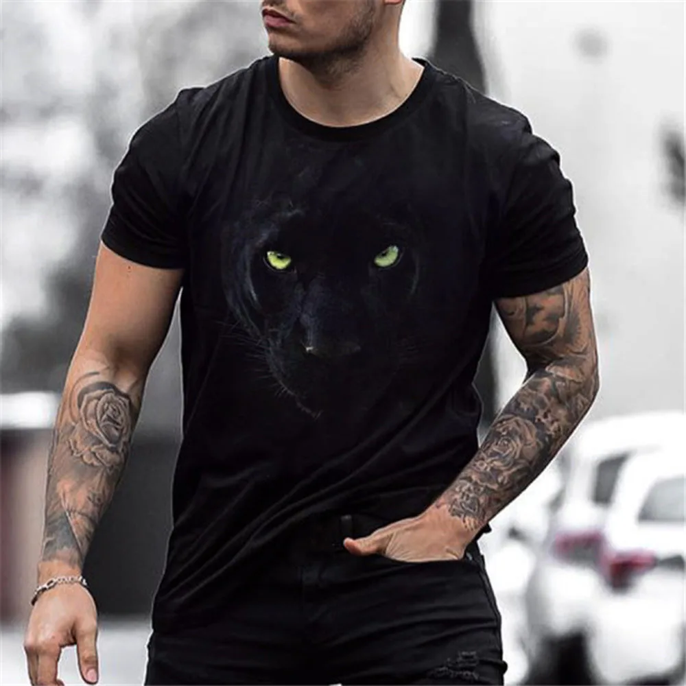 

2021 Western Style Men's Summer New Loose Casual Round Neck Panther Printing Summer T-shirt Fashion Solid Color Hot Sale