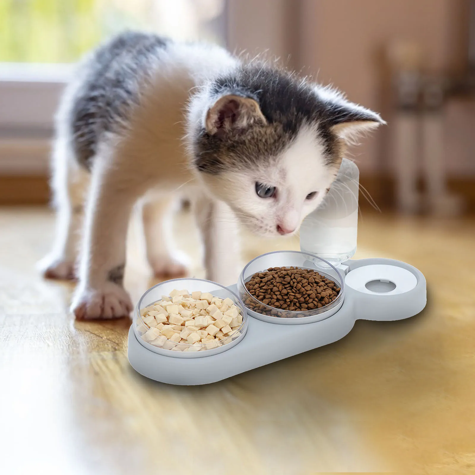

3-in-1 Plastic Pet Cat And Dog Feeder Anti-slip And Anti-bacterial Pet Cat Bowl Pet Feeding Device Automatic Water Feeder#W