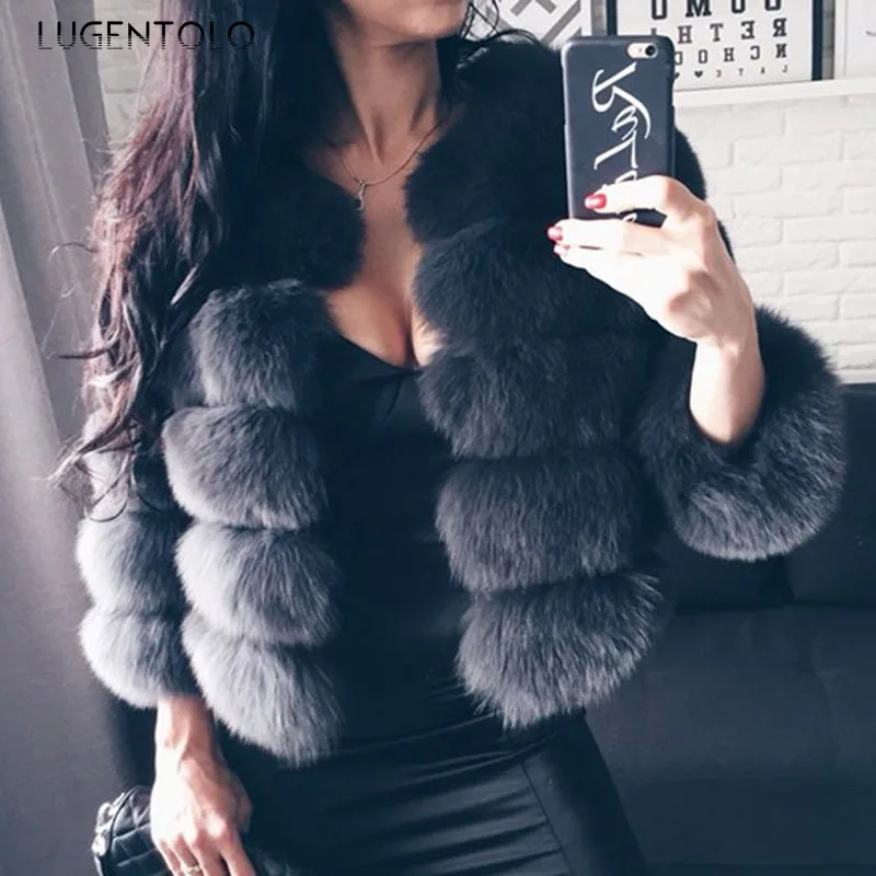 

Fashion Faux Fur Women Slim Winter Warm Solid Large Size Coats Female Casual Thicken Flocking Short Faux Fur Lugentolo
