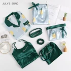 Пижамный комплект JULY'S SONG женский атласный, 7 предметов, рубашка с длинным рукавом и штаны, домашняя одежда из искусственного шелка с принтом, одежда для сна, на весну-лето