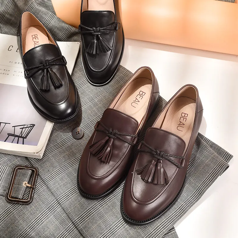 BeauToday/женские лоферы с кисточками Обувь из телячьей кожи на плоской подошве в