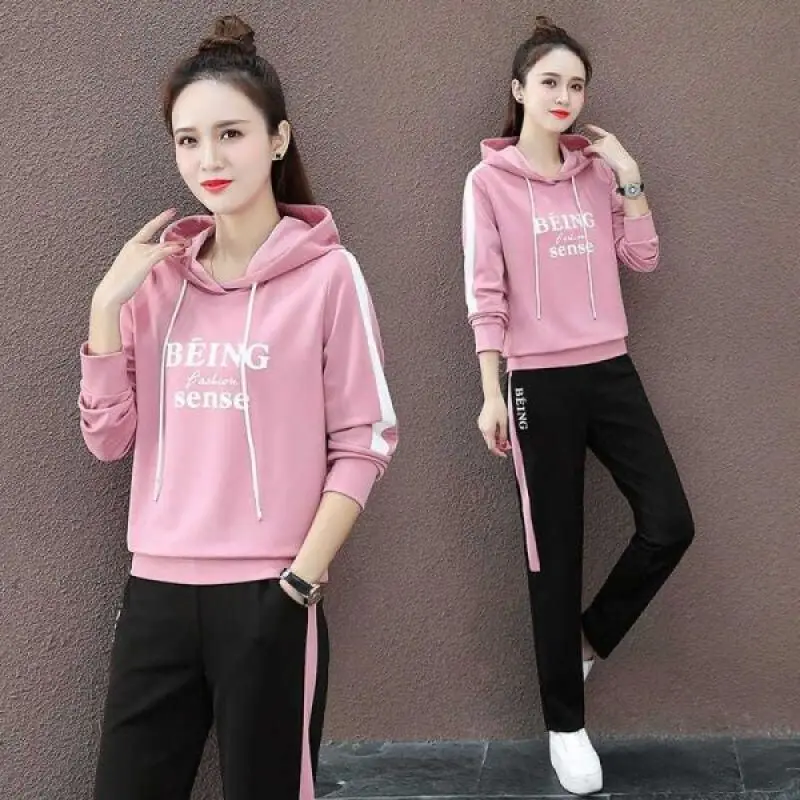 

Casual Sports Pants Sut Women Autumn New Korean Version Loose Running Hooded Sweater Two Piece Sets Green Pink Black Red Clothes