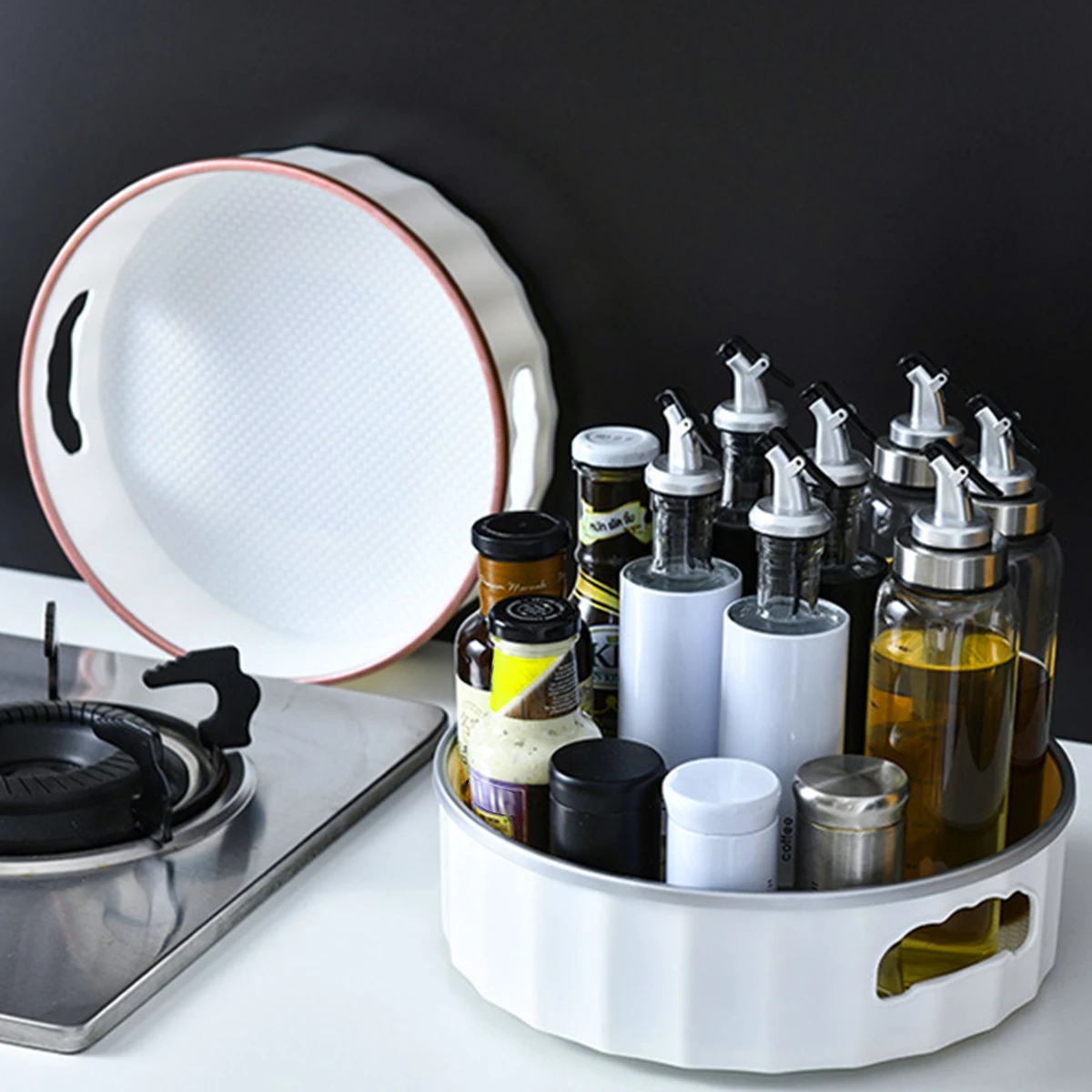 

Multi-Functional Turntable Cupboard Organizer 360-degree Rotation Condiment Holder Anti-slip Spice Rack Kitchen Storage Holder