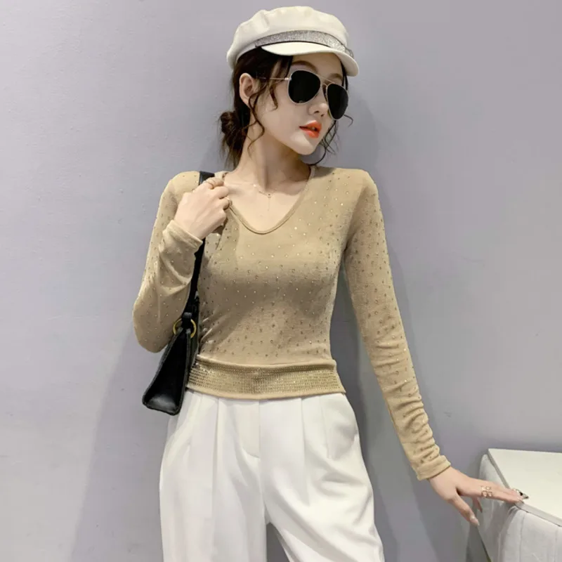 

#8979 Khaki Grey Black Short T Shirt Women Stretch Cotton With Diamonds Sexy Clubwear Basic T Shirt V-Neck Stretch Womens Tops