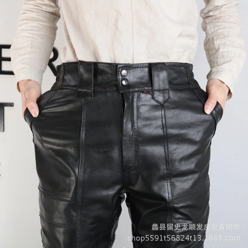 Мужские кожаные брюки теплые из овчины для отдыха осень/зима 2020|Повседневные