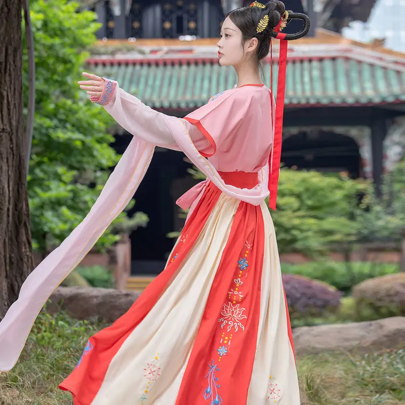 Китайский стиль женские восточные винтажные костюмы Hanfu Цветочная вышивка
