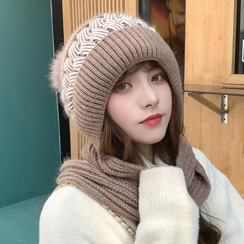 

Wool Pullover Hat Women's Winter Warm Knitted Hat Plush Thickened Scarf Integrated Hat High Quality Rabbit Blended Outdoor Ski