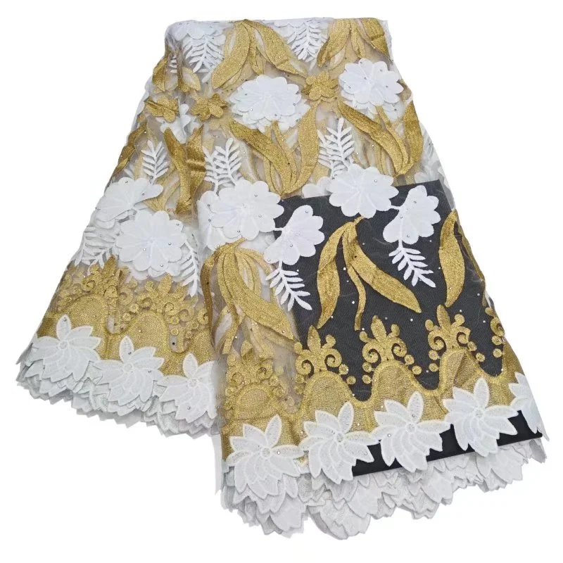 

5 ярдов, тюль, африканская кружевная ткань, 2022 золото, высокое качество, вышитые камни, нигерийский французский свадебный кружевной материал...