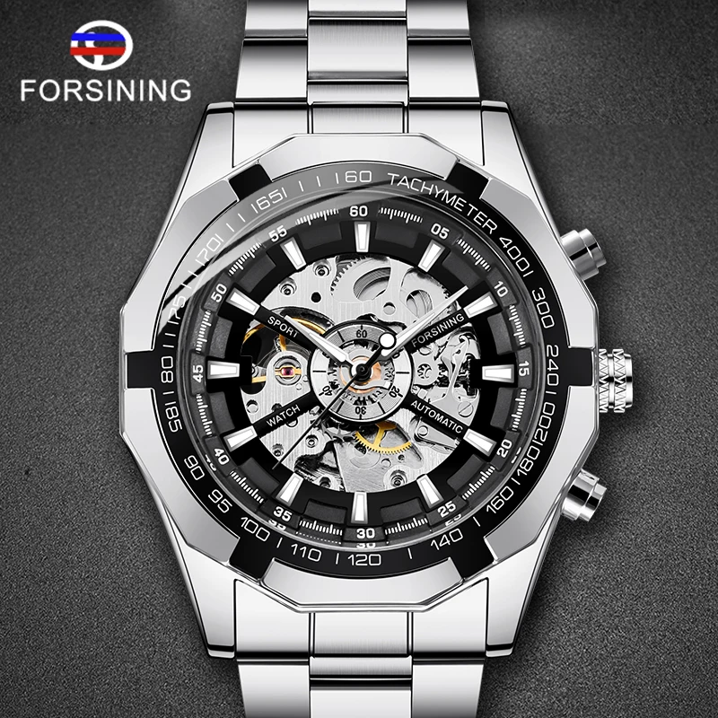 

FORSINING механические Автоматические часы стальной ремень серебряный черный скелет наручные часы интерпретация мужского шарма