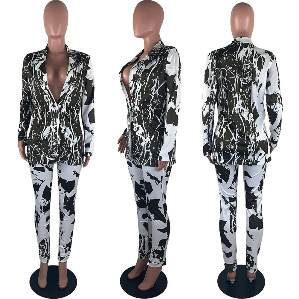 

Office Lady Blazer 2 Piece Set Women Winter Workwear Full Sleeve Graffiti Blazers Pant Suits Elegant Trouser Suit Tailleur Femme