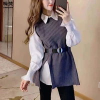 duofan women sweater sets knitted vest lantern sleeve white shirts with belt two pieces top 2021 autumn elegant female clothes
