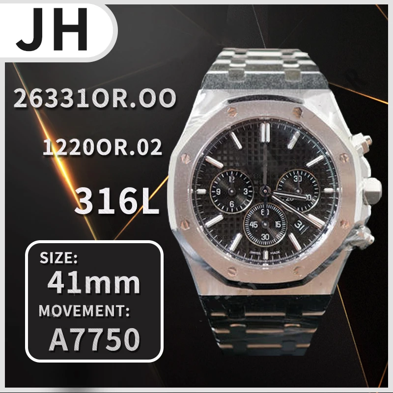 

Men's Automatic Mechanical Watch 41mm Chronograph SS JHF 1:1 Best Edition Black Dial on SS Bracelet A7750 waterproof