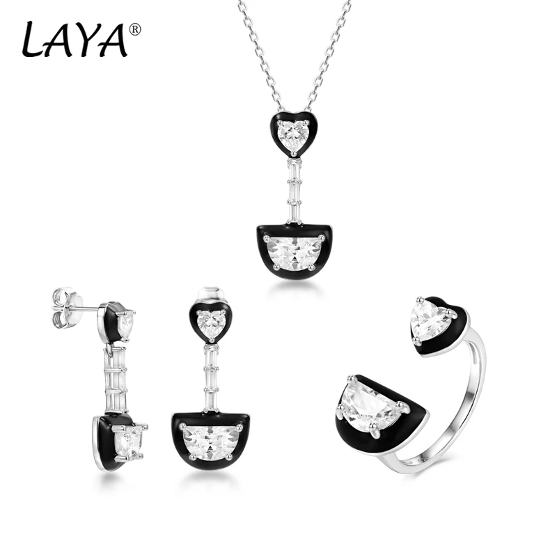 

Laya 925 Sterling Silver Heart-shaped Moon-shaped Created Crystal Glass Black Enamel Drop Earrings Ring Necklace Set For Women