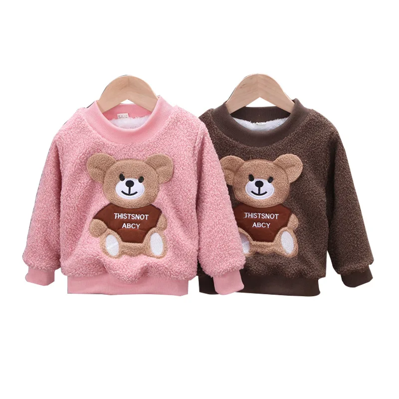 

Autumn Winter Baby Girls Padded Pullovers Clothing Toddler Boy Thicken Sweatshirts Kids Cartoon Bear Hoodies Plush Warm T-shirt