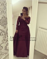 full sleeves lace off shoulder mermaid prom dresses long beading satin elegant burgundy formal party evening dress 2021