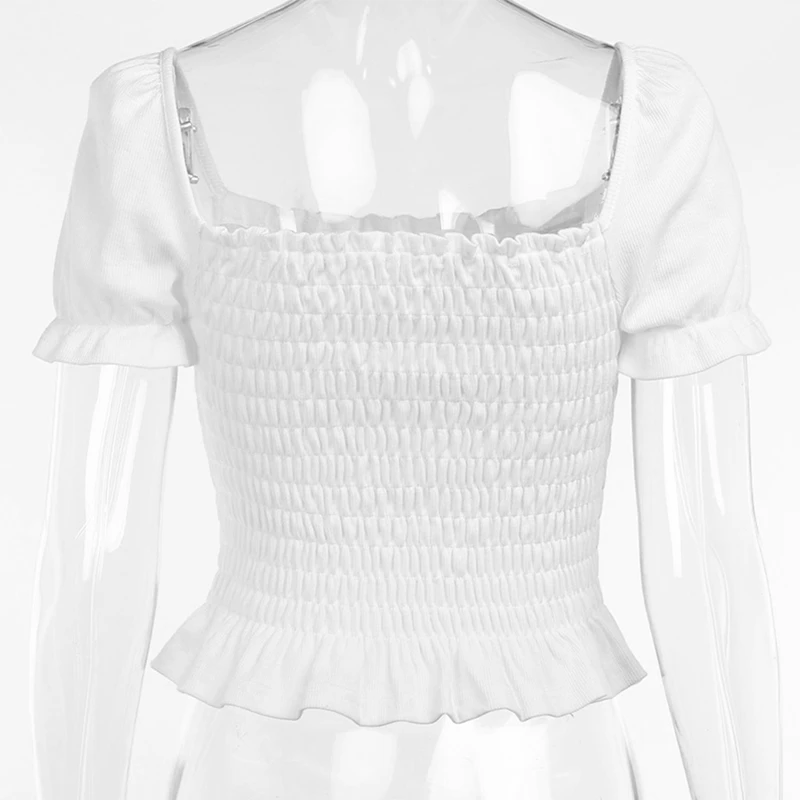 

2 Pcs Women'S Knitted Stretch Purse Sleeves Short Women'S Summer Square Collar Pleated T-Shirt M, White & Black