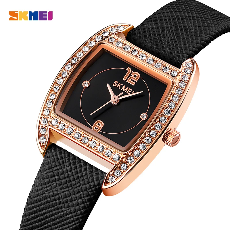 

Classic Black Quartz Women Watches SKMEI Brand Top Luxury Diamond Clock Ladies Dress Watch Vintage Leather Strap Casual Hours