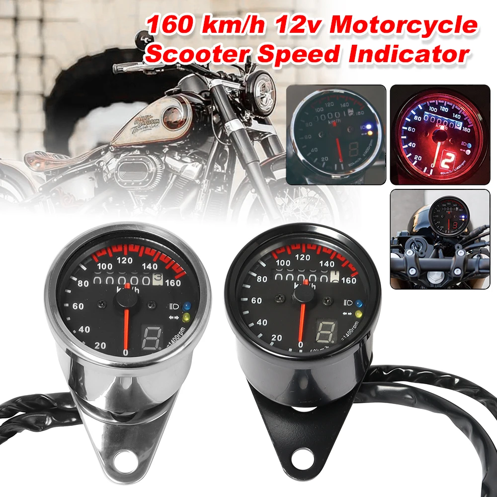 

DC 12V Universal Motorcycle Cafe Racer Speedometer Odometer Gauge 0-160 KM/H Instrument with LED Indicator Meter Dash Board