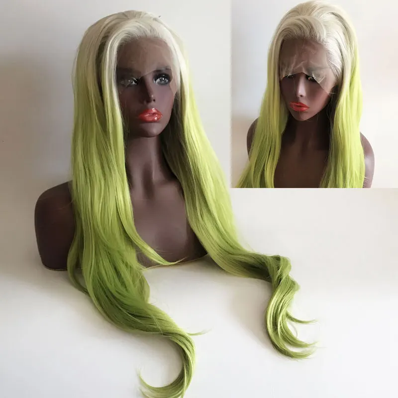 BM White Roots Ombre Green Natural Wave Synthetic 13*4 Lace Front Wig Heat Resistant Fiber Hair Natural Hairline For Women Wigs