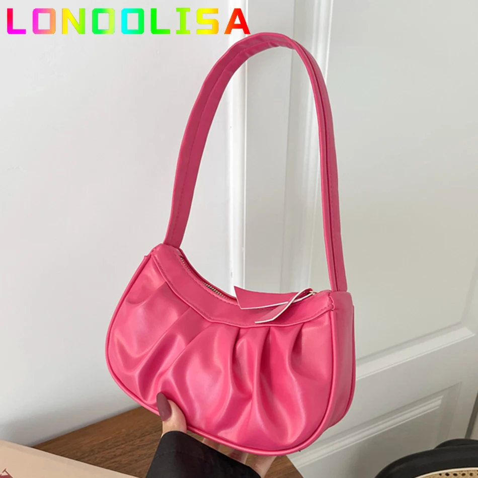 

Fashion Candy Color Lady Armpit Bag Female Pleated Cloud Hobos Handbag Ruched Design Mini Women Baguette Shoulder Underarm Purse