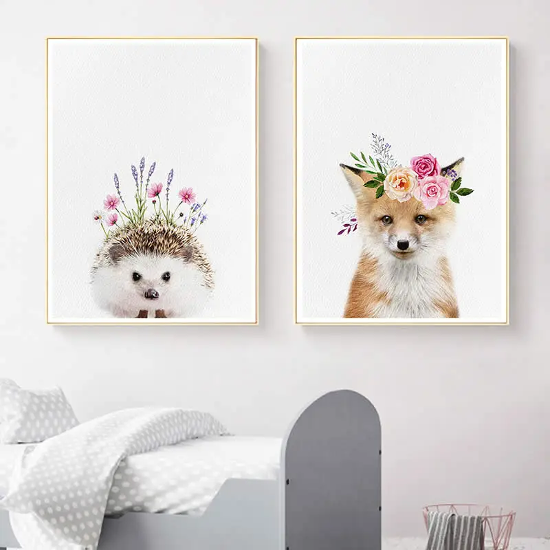 Детский еж с цветочной короной холст плакаты Настенная картина для детской
