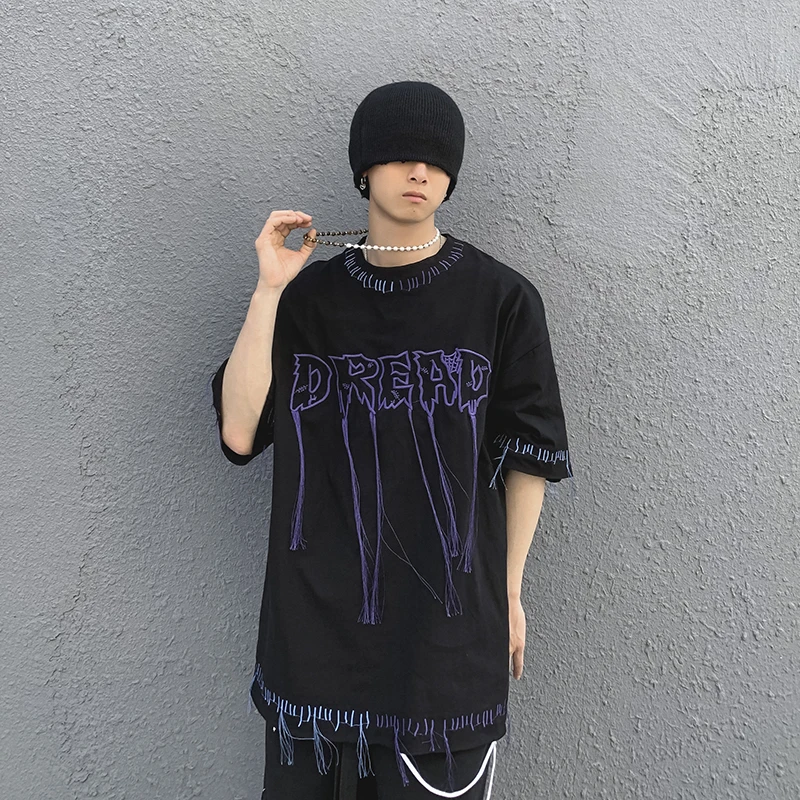 

Embroidery Tassel Short Sleeve Mens Tshirts Harajuku Crew Neck Cotton Oversize Summer T Shirt Loose Hip Hop Casual Top Tees