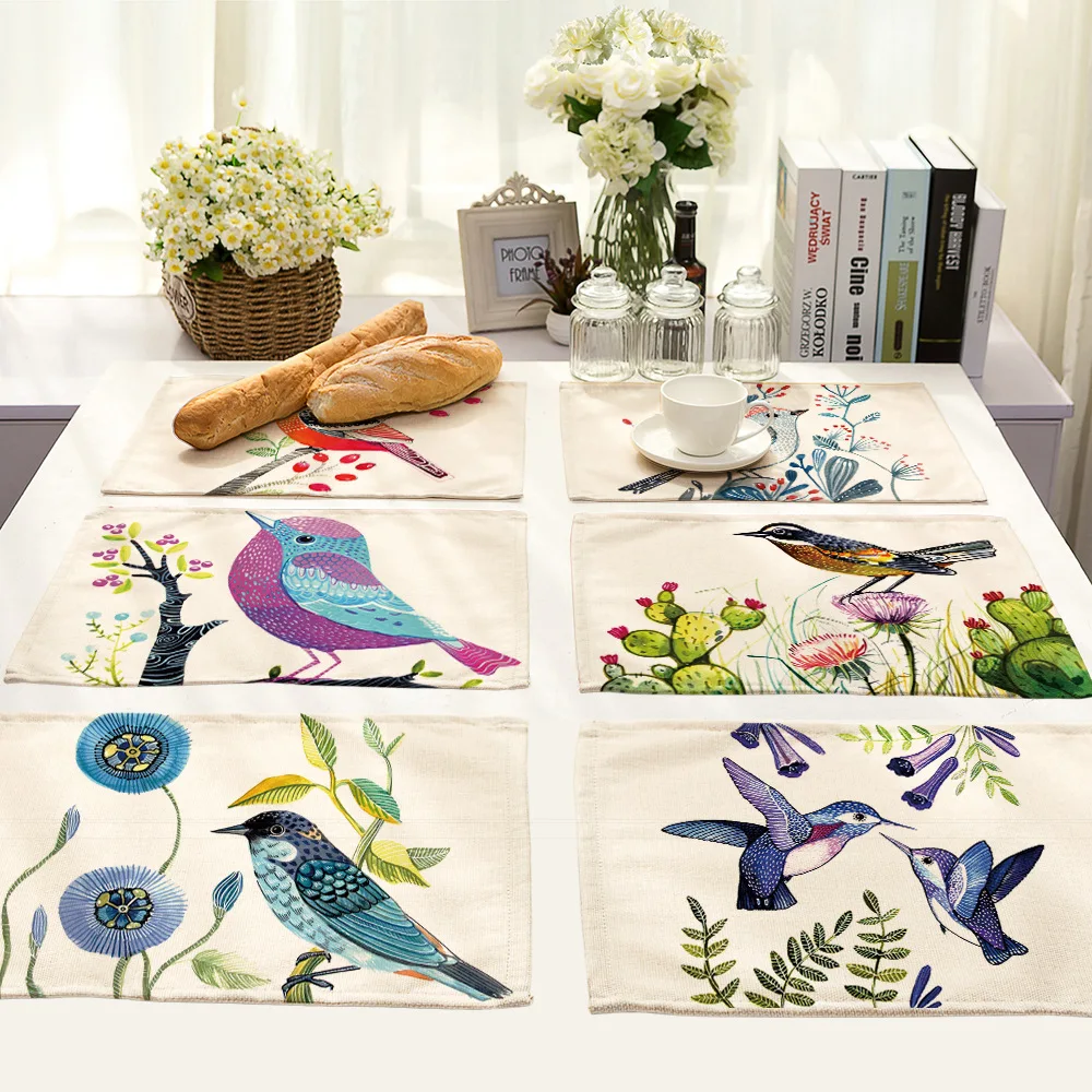 

Bird Cotton and linen heat insulation Oil painting hand drawn Style Tableware Pad Waterproof Heat Insulation