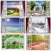 laeacco window curtain natural mountain hillside grass tree scenic photo background photography backdrops photocall photo shoot