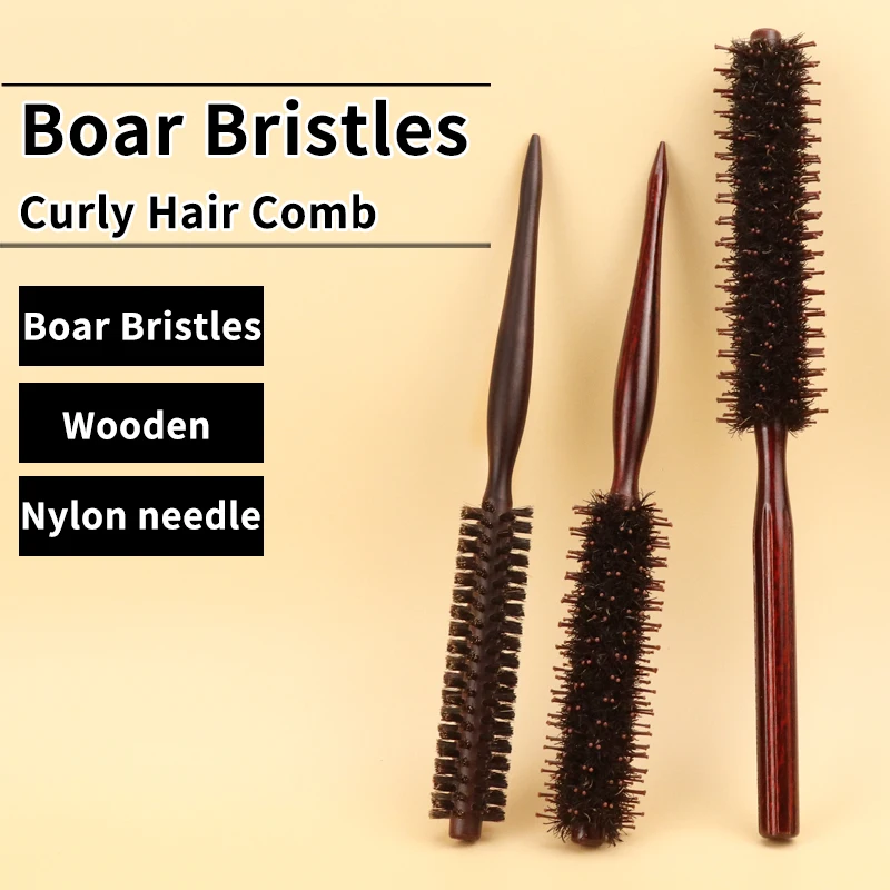 

Hot Selling Hair Styling Tools Anti-Knotting Natural Boar Bristle Curl Hair Comb Wooden Round Hair Combs