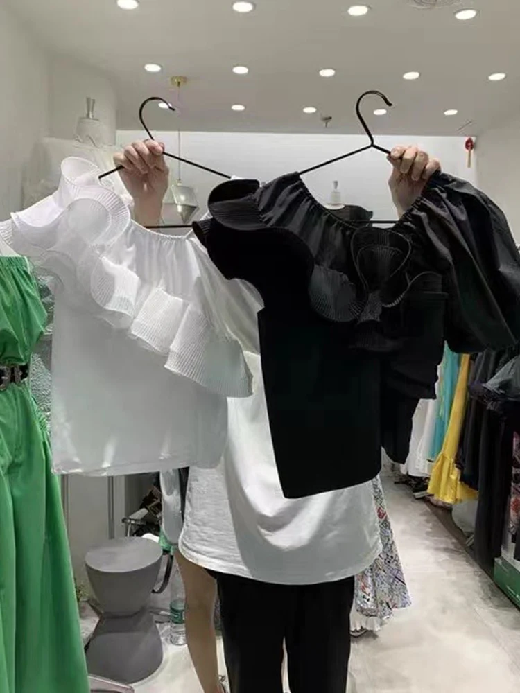 

Summer new style, solid color, all-match, ruffles, off-shoulder, pleated chiffon design, small shirt, short-sleeved shirt, wome