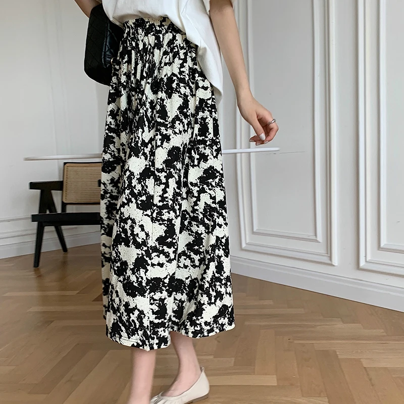 

High Floral Waist Mid-length Skirt Woman's Korea Retro Fashion A-line Skirt Women Simplicity Printing Elastic Waist Skirts Woman