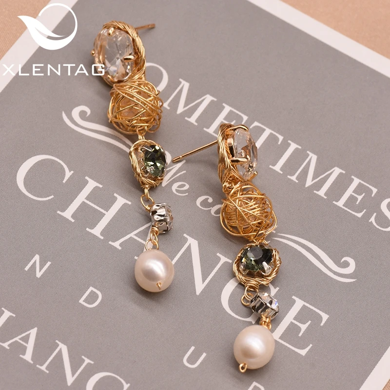 XlentAg ручной работы натуральный жемчуг длинные висячие серьги с цирконием Зеленый