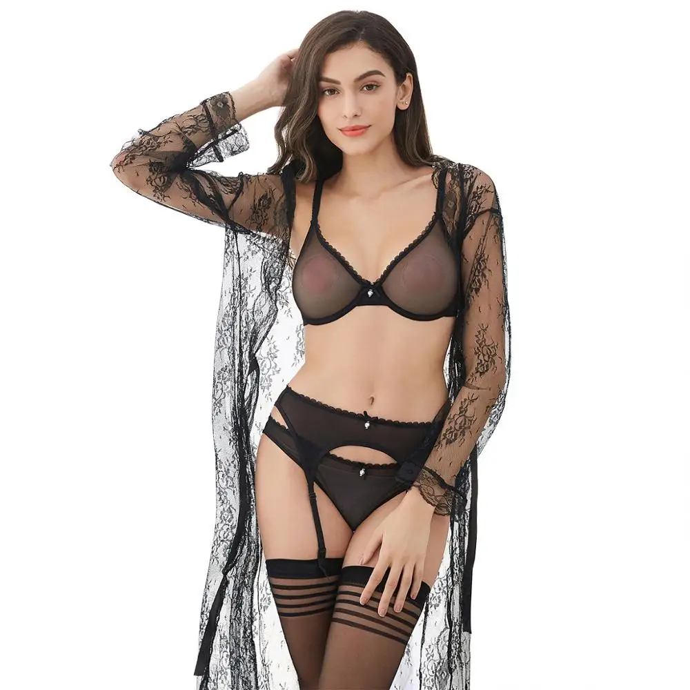 

Ladies sexy see through ultra thin breathable solid color underwear lace robe nightgown lingerie bra+garter+thong+stockings+robe