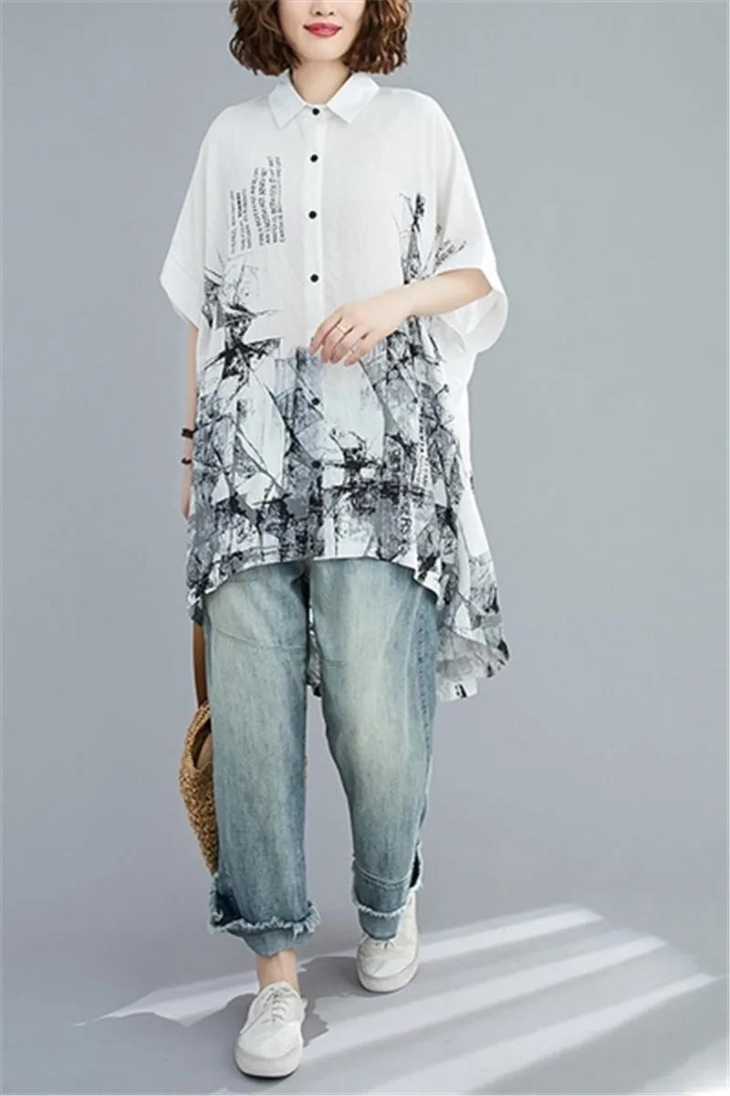 

BIG SIZE Summer Women Fashion Elegant Ink Print Tops Tee Ladies Female Plus Large Batwing Sleeve Irregular Loose Blouse Shirt