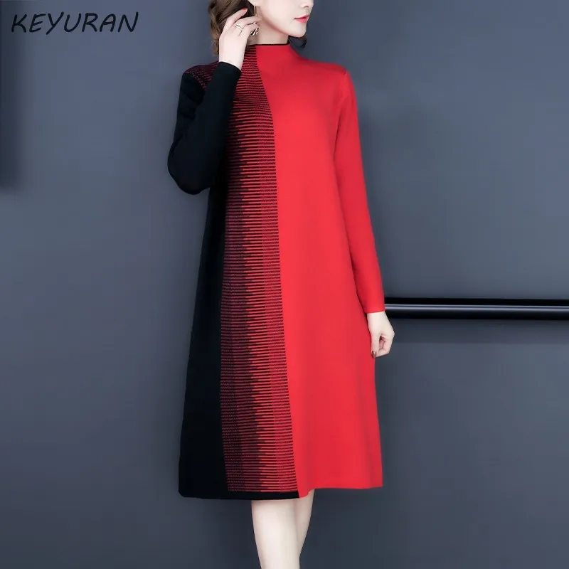 Женское трикотажное лоскутное сексуальное платье свитер с высоким воротом