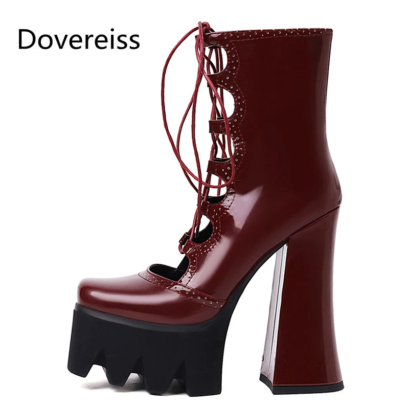 

Dovereiss Fashion Summer Women's Shoes Red Burgundy Elegant Cross tied Chunky heels Waterproof Sandales Consice 34-43