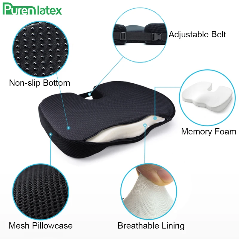 PurenLatex Нескользящая подушка для сиденья Ортопедическая подушка для ягодиц с эффектом памяти дышащая регулируемая подушка для стула для облегчения боли в хвостовой кости
