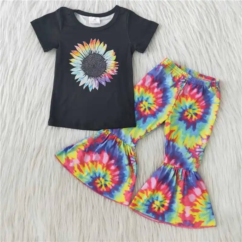 

Toddler Children's Outfits New Style Summer T-shirt Girls Wholesale Boutique Clothing Baby Kids Sets Sunflower Top Colorful Bell