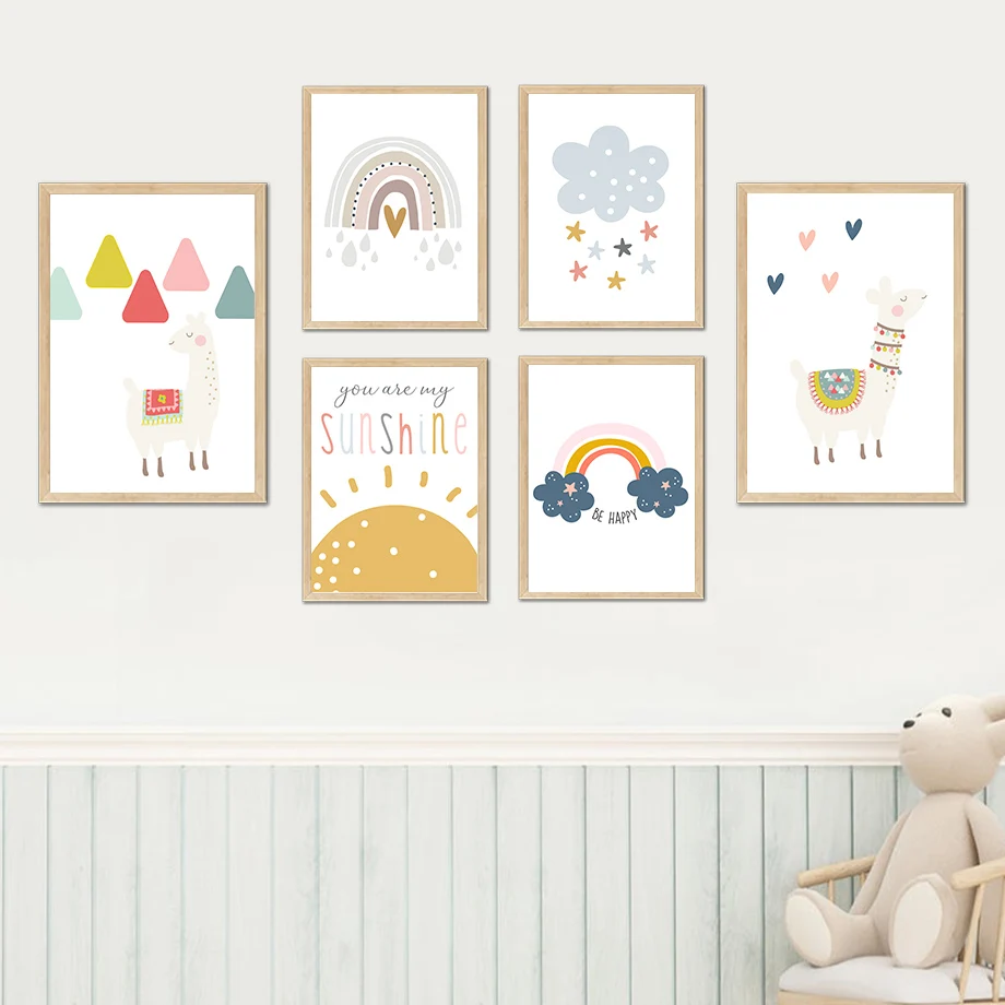 

Cartoon Rainbow Cloud Alpaca Star Heart Nursery Wall Art Canvas Painting Nordic Posters And Prints Wall Kids Room DecorPictures