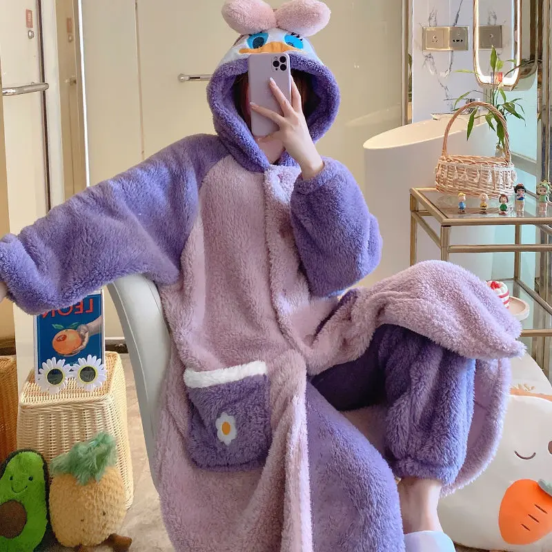 

Women's Pajamas Hooded Nightgown Winter WarmThick Flannel Sleepshirts Cute Cartoon Plush Coral Fleece Sleepwear Lady Sleep Dress