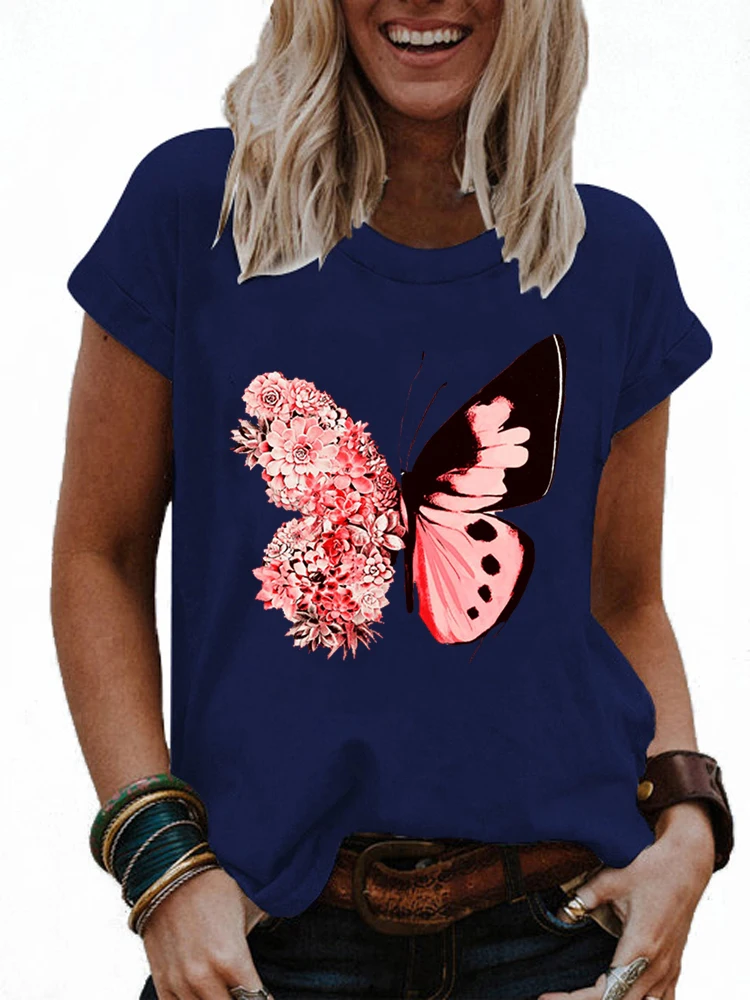 

Women Summer Fashion Loose Round Neck Short Sleeve Casual Graphic Shirts & Tops Plus Size Blouse