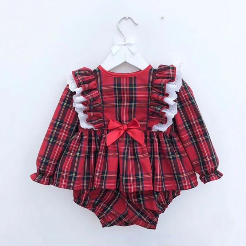 Newborn Toddler Baby Girl Lace Long Sleeve Romper Clothes Dress Shorts Outfit 2Pcs Kids Red Plaid Set 0-24M