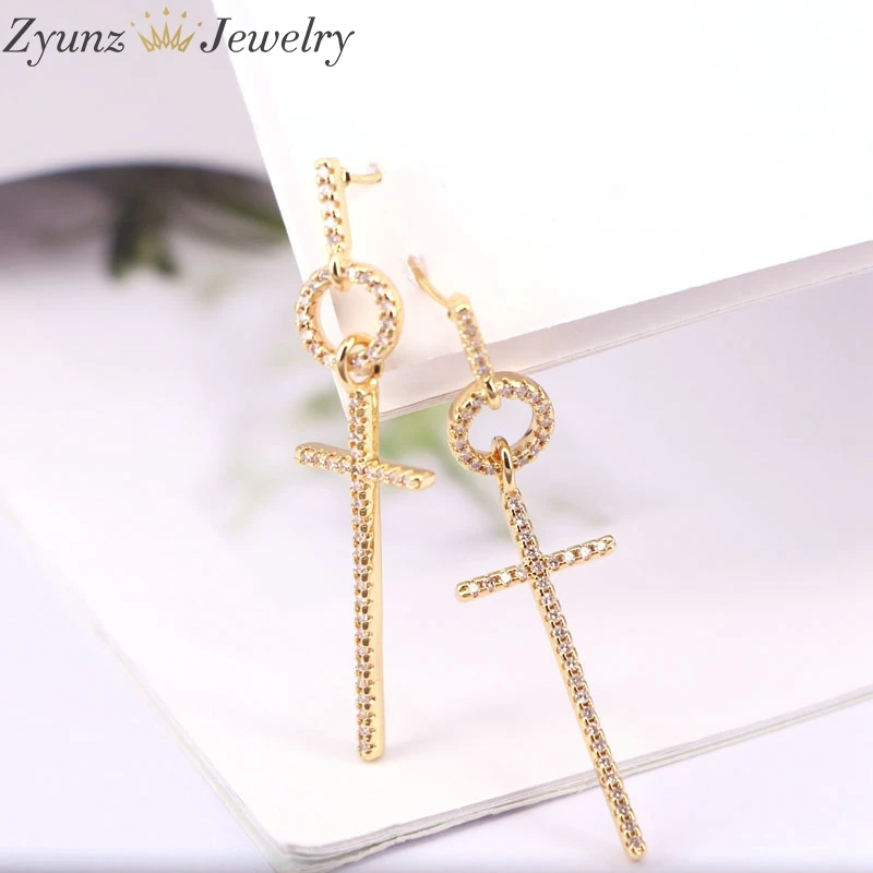 

5Pairs, Fashion Jewelry Gold Color Clear CZ Zircon Cross Dangle Earrings for Women