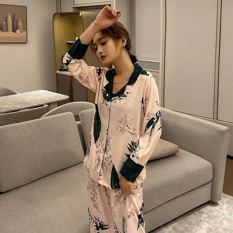 Весенняя Новинка тонкая хлопковая атласная пижама с принтом лилии длинным