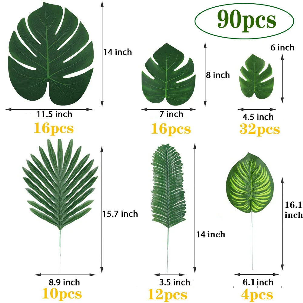 

90 PCS 6 Kinds Artificial Palm Leaves Tropical Leaves Decorations for Jungle Party Decorations Beach Birthday Luau Hawaiian