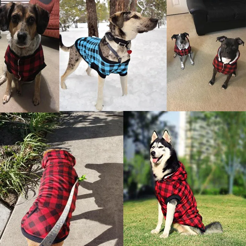 Зимняя флисовая одежда для собак с капюшоном куртка клетчатая ткань пальто