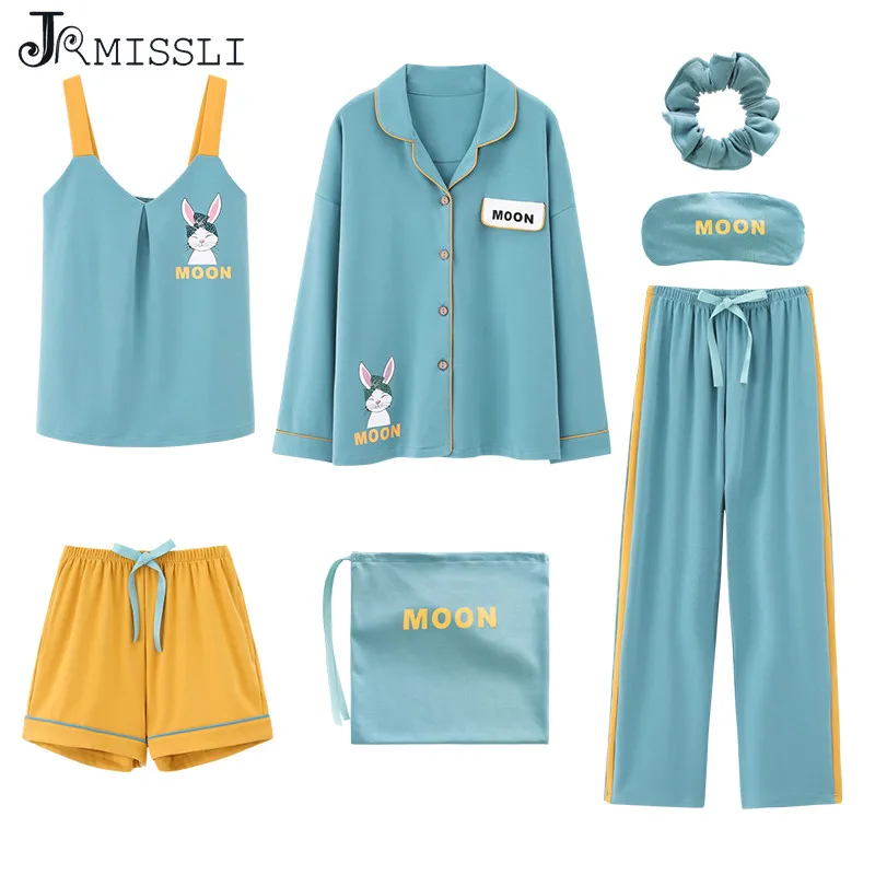 JRMISSLI, зеленая клетчатая Женская пижама, набор, хлопок, простая Женская домашняя одежда, 7 штук, Пижамный костюм